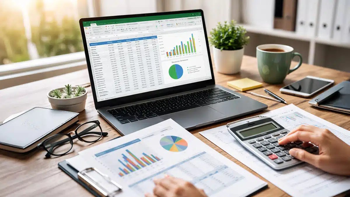 Desk with financial documents, calculator, and laptop showing spreadsheets